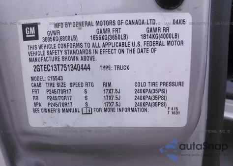 2005 GMC New Sierra C1500 z USA, uszkodzony, nr VIN 2GTEC13T751340444